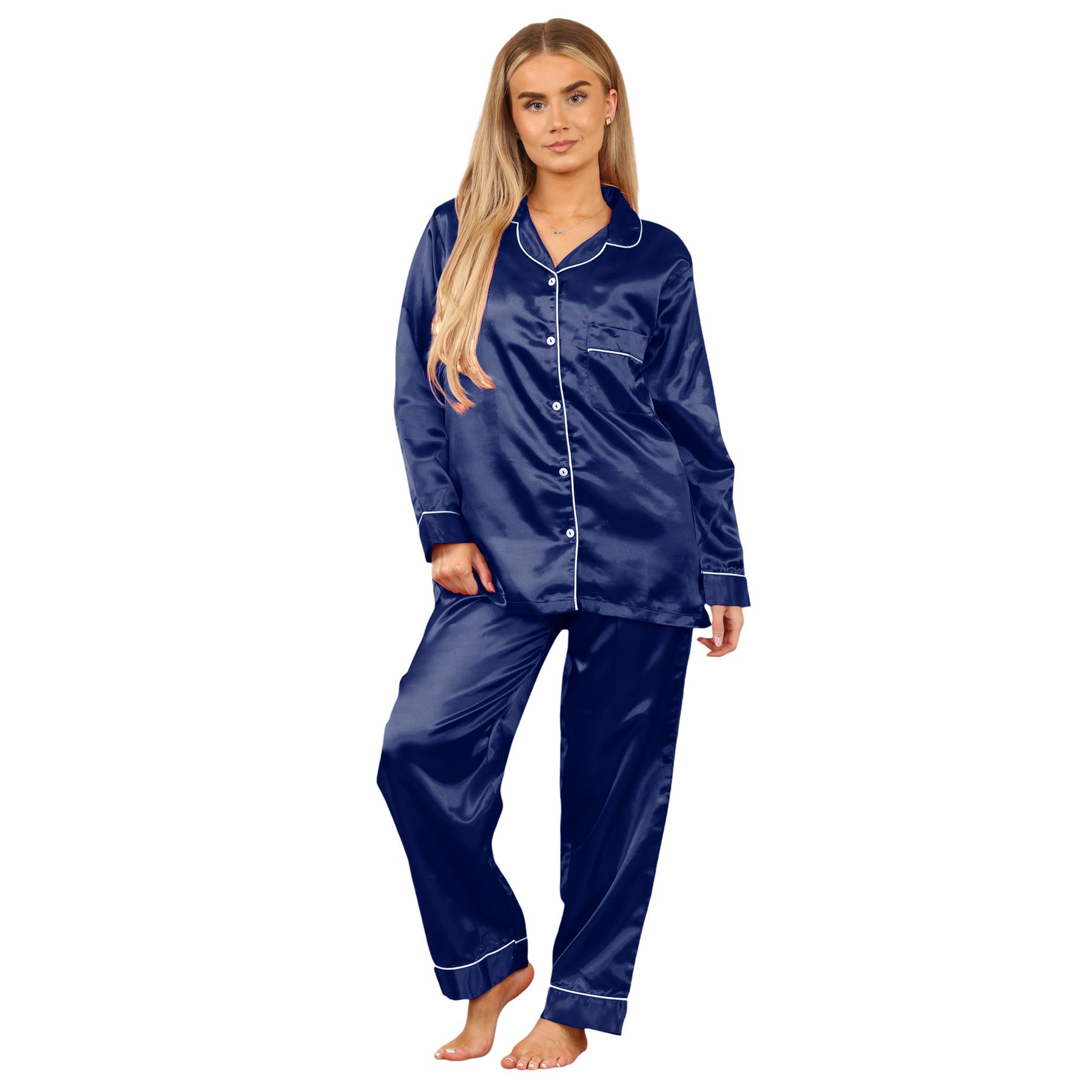 Conjunto de 2 piezas de pijama de satén de manga larga con botones camisa pantalón para damas - Imagen 20 de 43