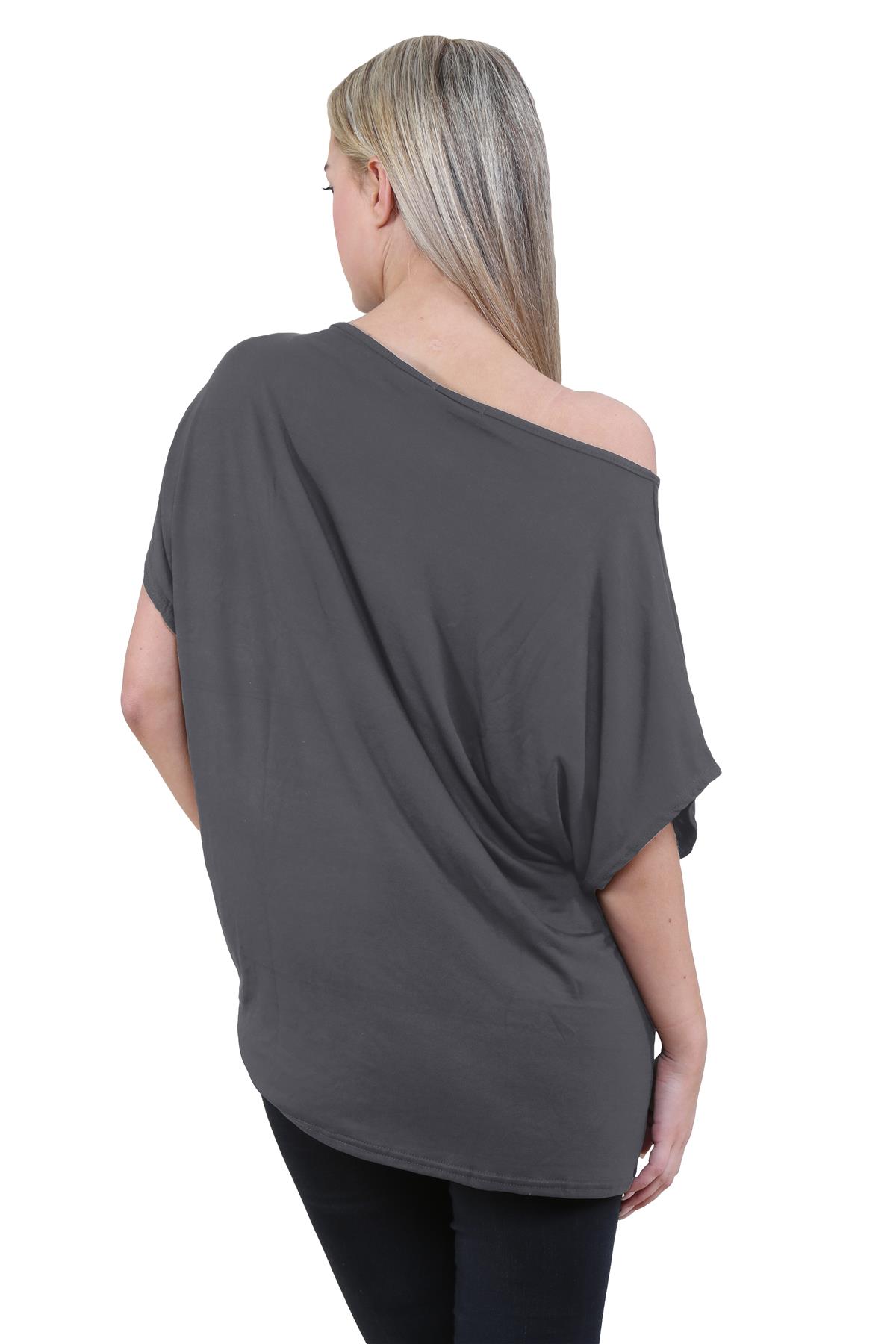Schulterfreies Damen-T-Shirt Oberteil Fledermausärmel Oversize uni Freizeit Bardot Oberteil - Bild 162 von 225