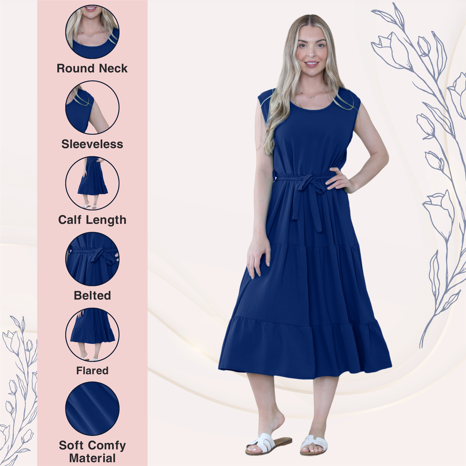 Womens Italian Smock Dress Sleeveless Belted Midi Dress Plain Frill Summer Dress - Picture 56 of 64
