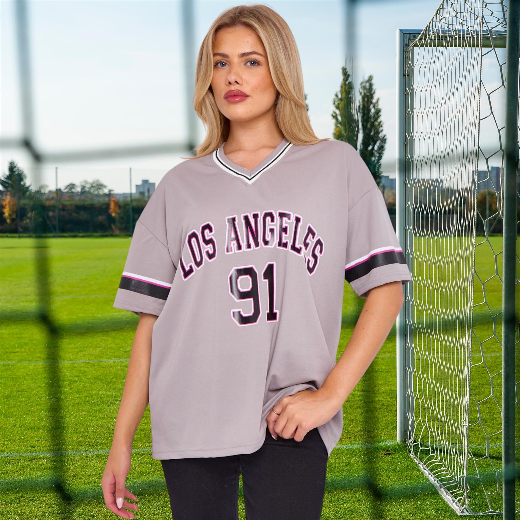 Camiseta de mujer de gran tamaño cuello en V LA 91 fútbol americano universitario holgada verano top - Imagen 22 de 50