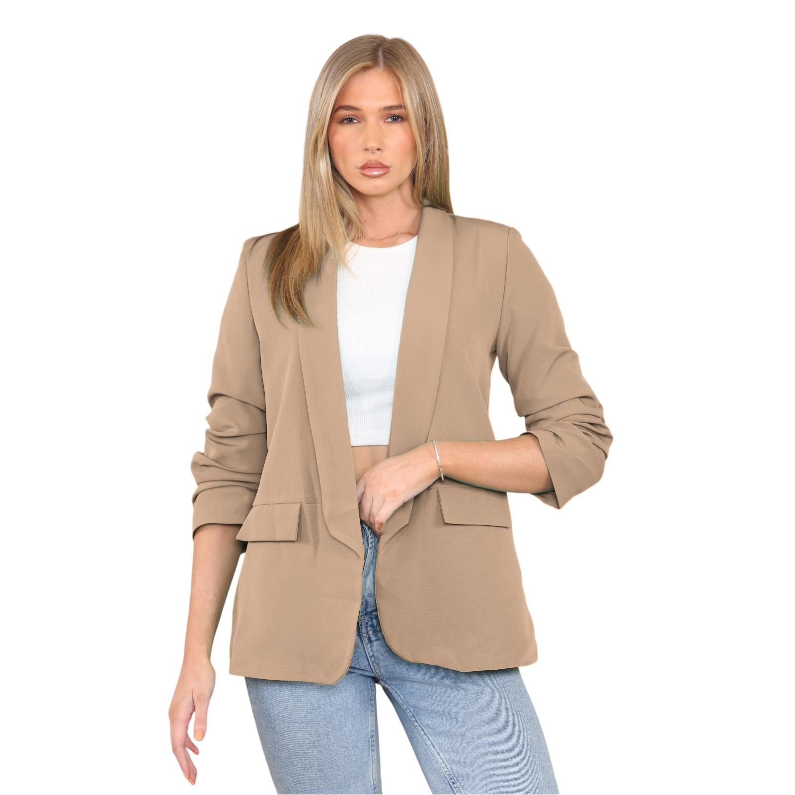 Blazer de manga acanalada para damas totalmente forrado cuello liso informal chaqueta de oficina top - Imagen 43 de 97