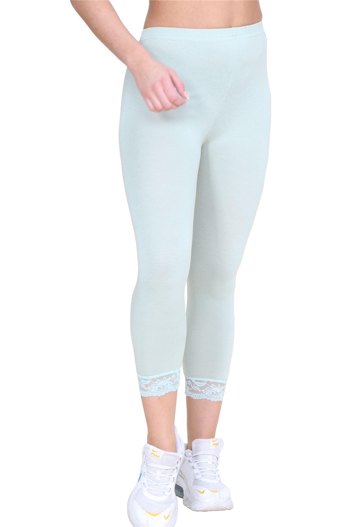 New Ladies Plain Lace Trim Cropped Yoga Stretchy 3/4 Length Capri Leggings Pants - Picture 98 of 132