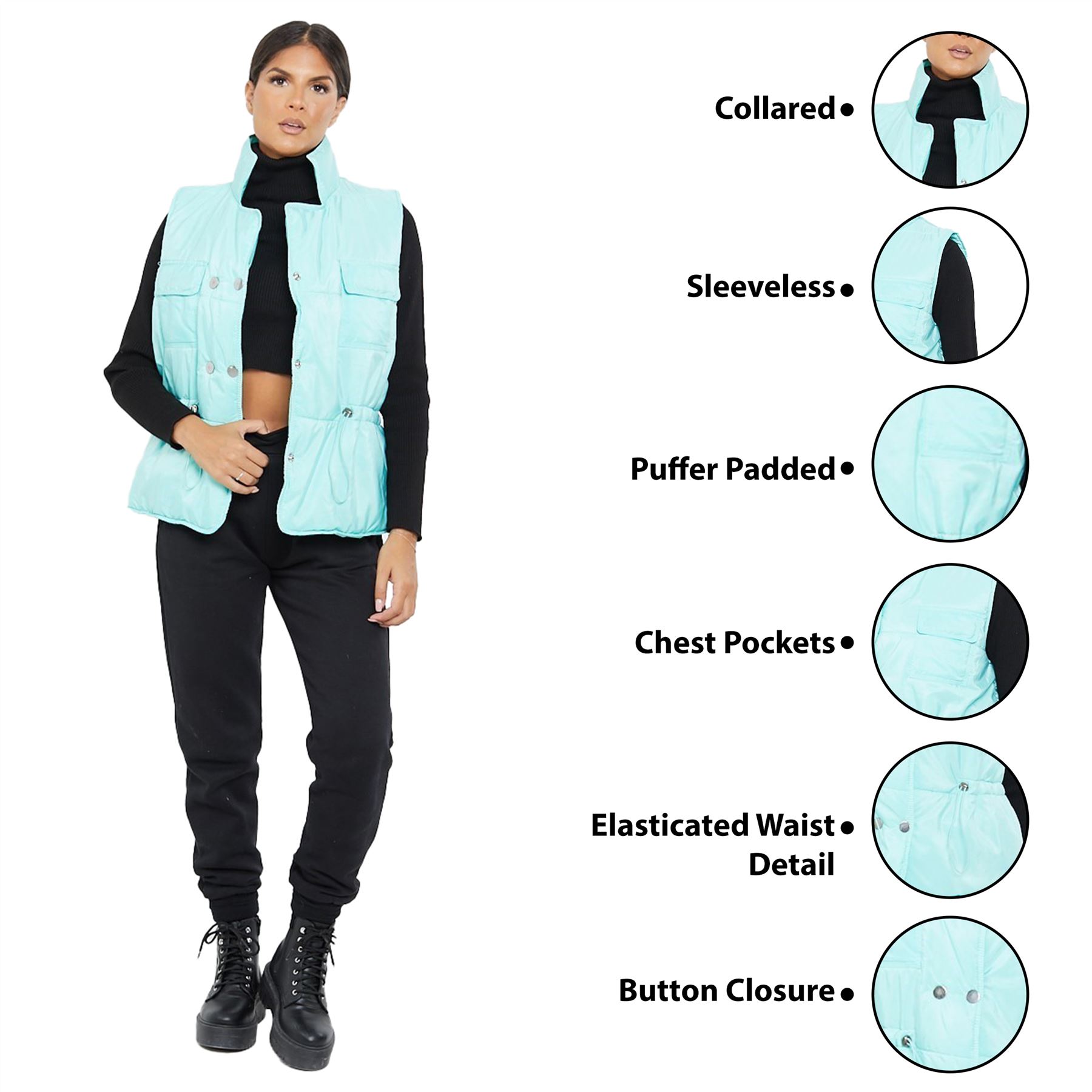 Chaleco para mujer Bodywarmer acolchado acolchado acolchado chaqueta botón chaleco abrigo acolchado cálido - Imagen 6 de 22
