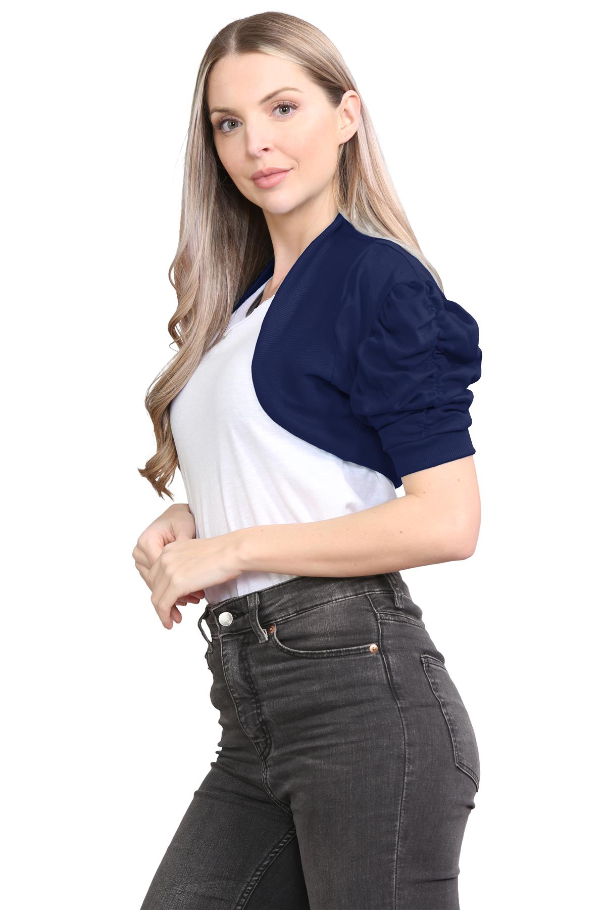 Womens Bolero Shrug Ruched Puff Sleeves Plain Open Cardigan Soft Cotton Crop Top - Picture 59 of 100