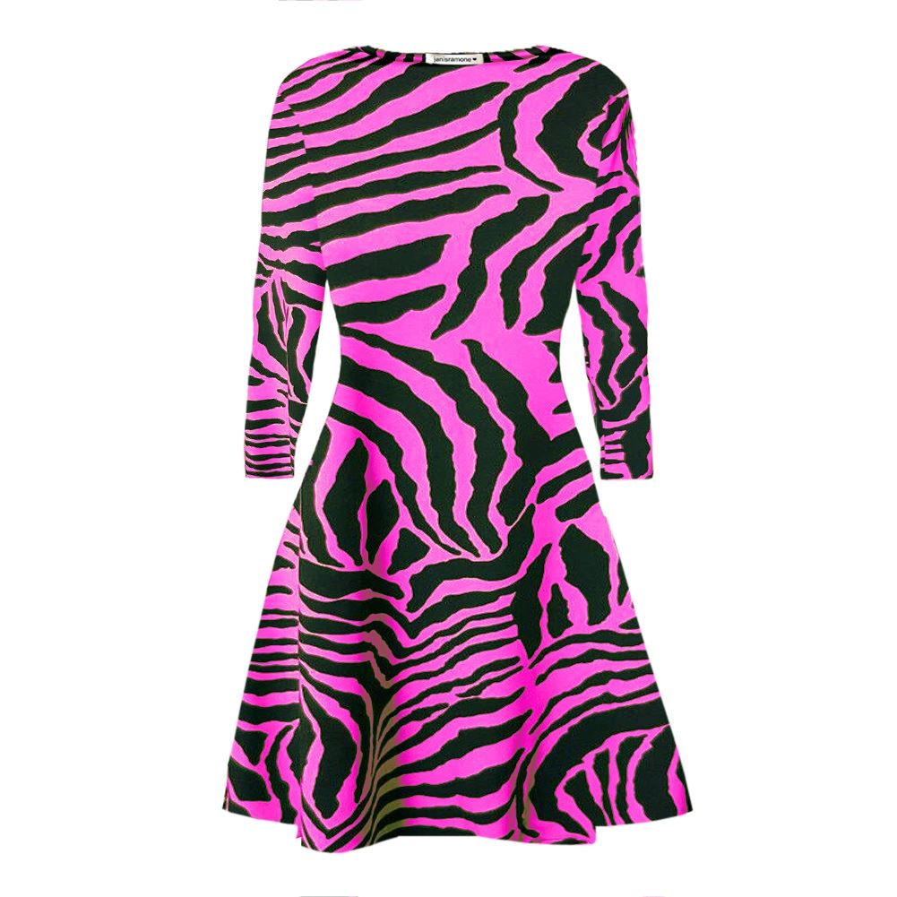 Womens Zebra Print Swing Dress Long Sleeve Stretchy Skater A Line Flare Mini Top - Picture 2 of 7
