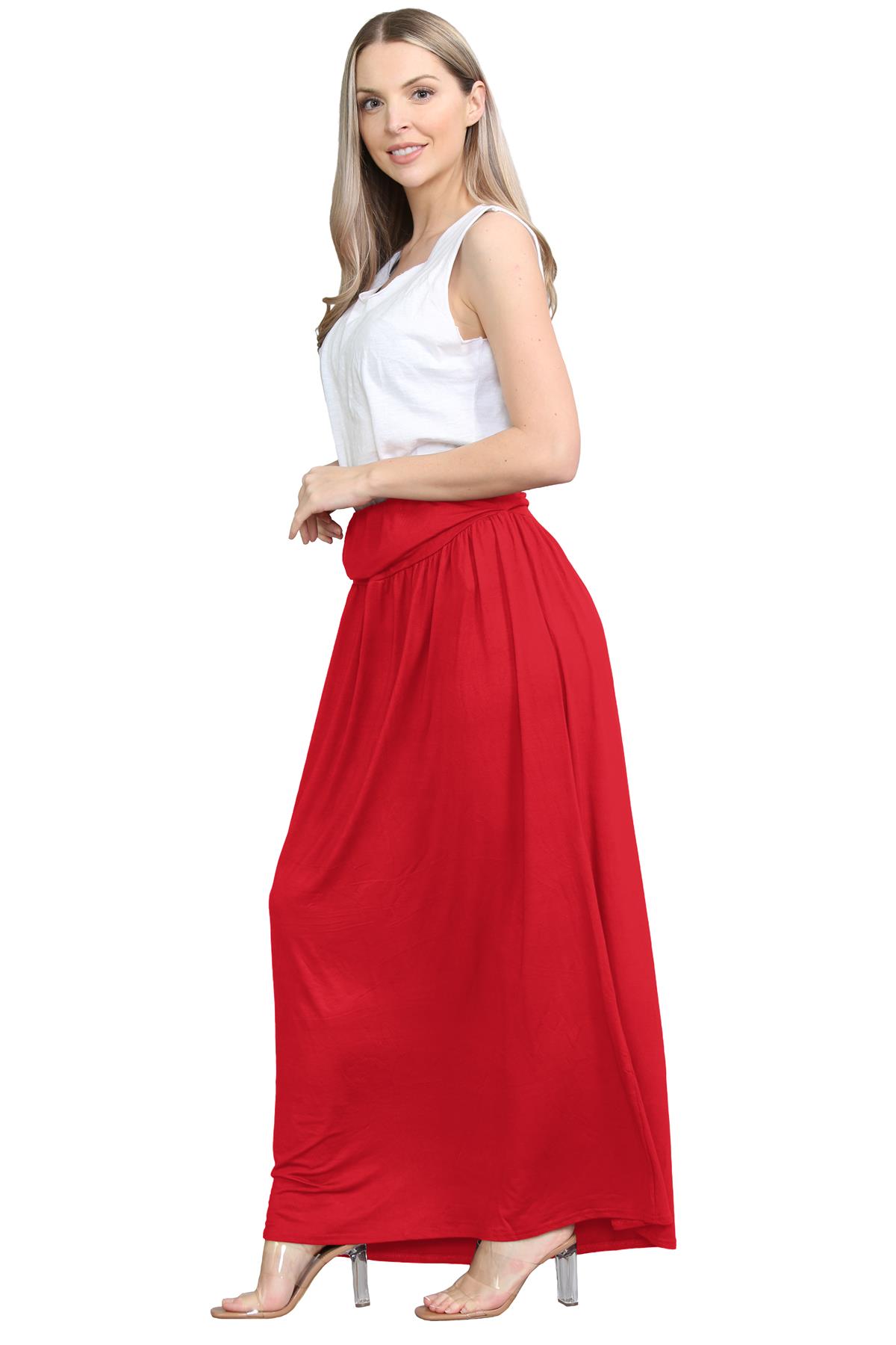 Womens Fold Over Maxi Skirt Plain Pleated Waist Jersey Summer Gypsy Long Skirt - Picture 44 of 68