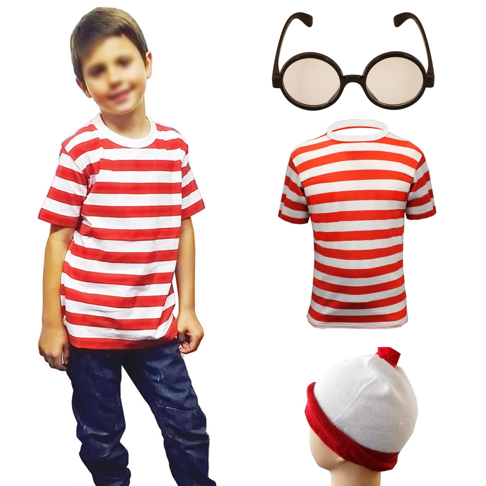 Girls Boys Kids Red White Striped Hat Glasses Book Week Fancy Dress
