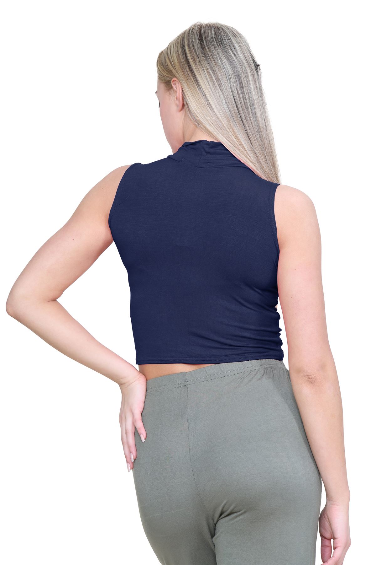 Womens Sleeveless Crop Top Ladies High Turtle Neck Plain Stretchy T-Shirt Vest - Picture 108 of 165