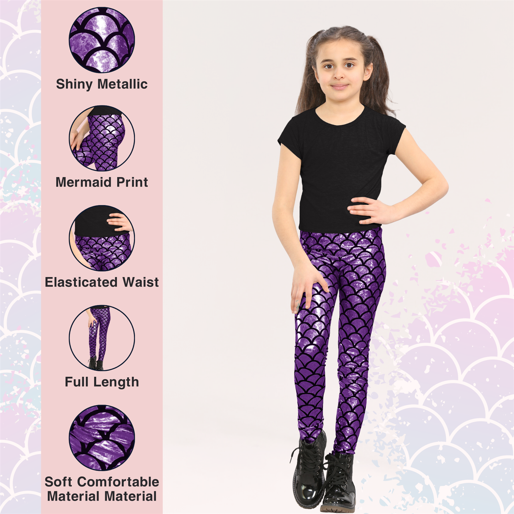 Girls Mermaid Leggings Kids Fish Scale Disco Skinny Shiny Metallic Trouser Pants - Picture 30 of 57