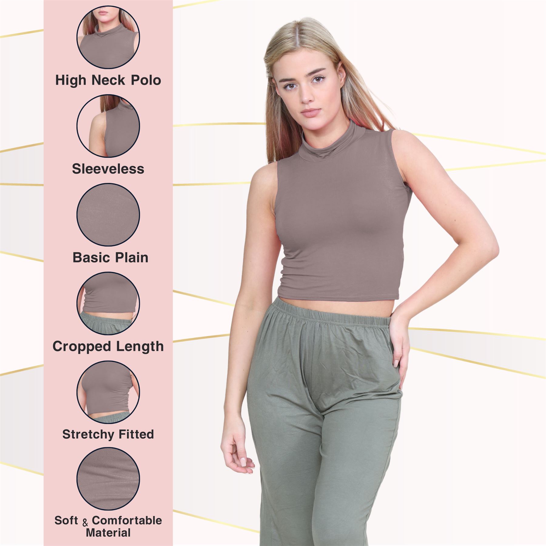Womens Sleeveless Crop Top Ladies High Turtle Neck Plain Stretchy T-Shirt Vest - Picture 79 of 165