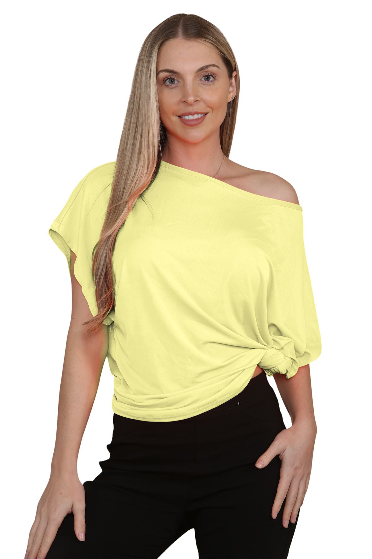 Womens Oversized T Shirt Top Short Sleeve Tie Knot Bardot Off Shoulder Crop Top - Picture 64 of 65