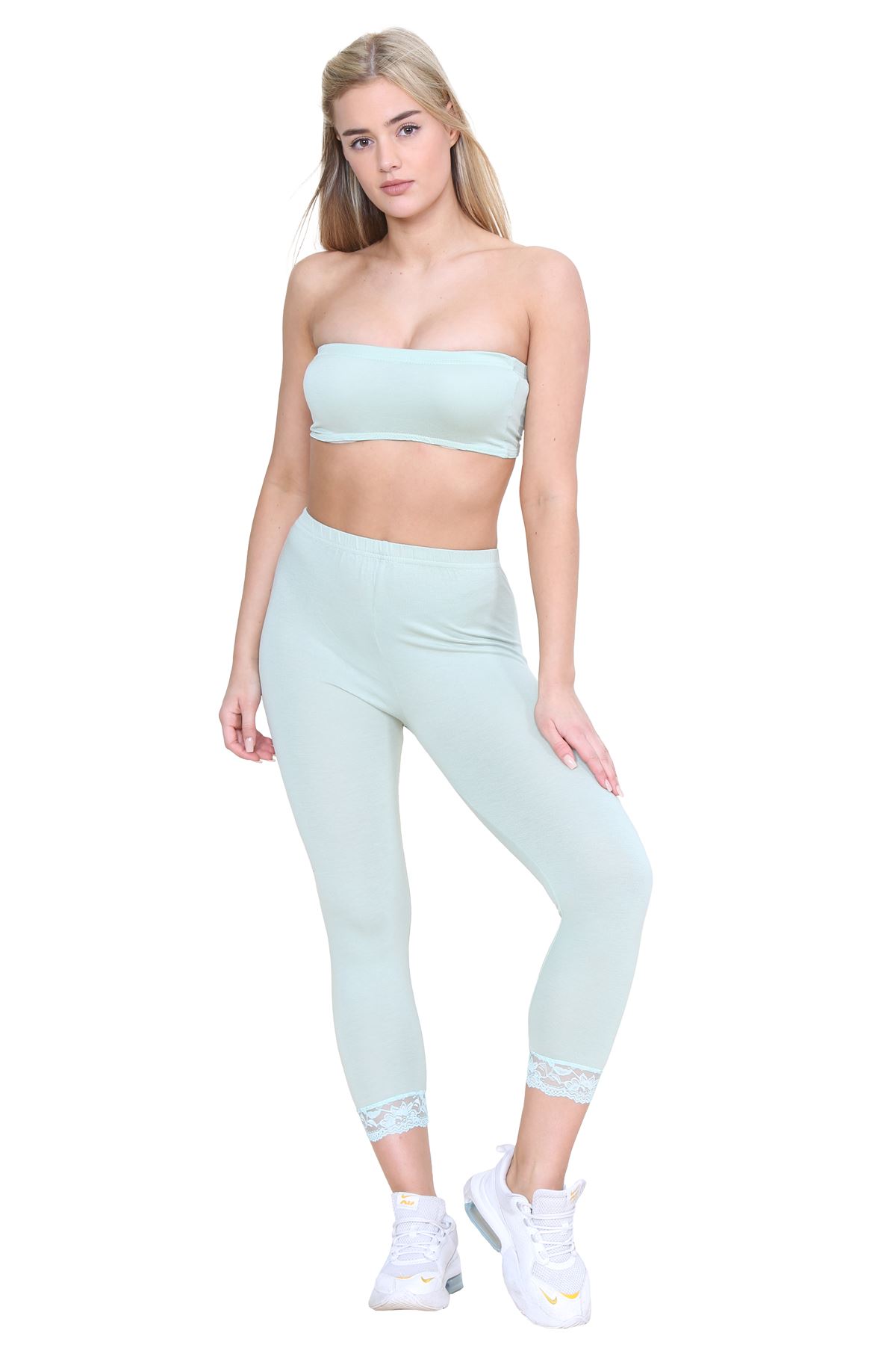 New Ladies Plain Lace Trim Cropped Yoga Stretchy 3/4 Length Capri Leggings Pants - Picture 99 of 132