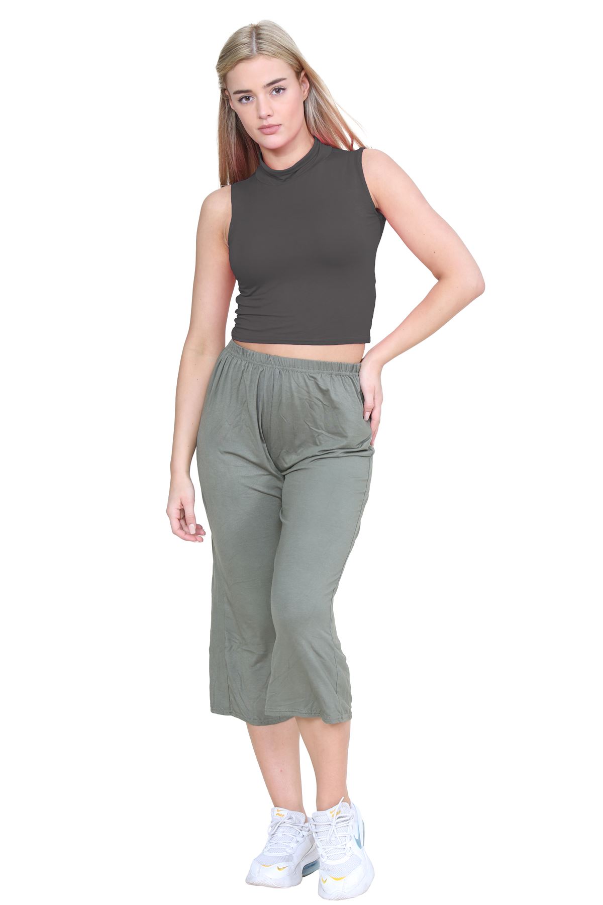 Womens Sleeveless Crop Top Ladies High Turtle Neck Plain Stretchy T-Shirt Vest - Picture 31 of 165