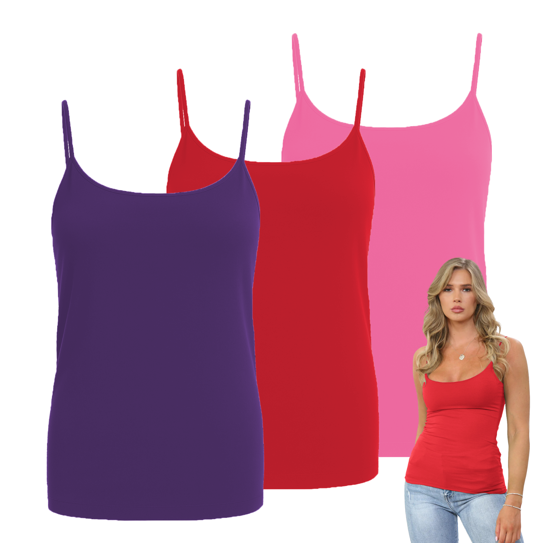 Womens Bodycon Cami Strappy Tank Top Plain Summer Activewear Vest Top, Pack of 3 - Picture 219 of 221