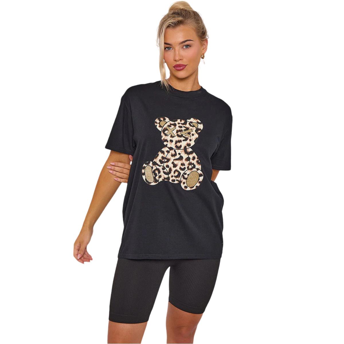 Camiseta de manga corta para damas con gráfico de peluche de leopardo informal holgada de gran tamaño - Imagen 2 de 11