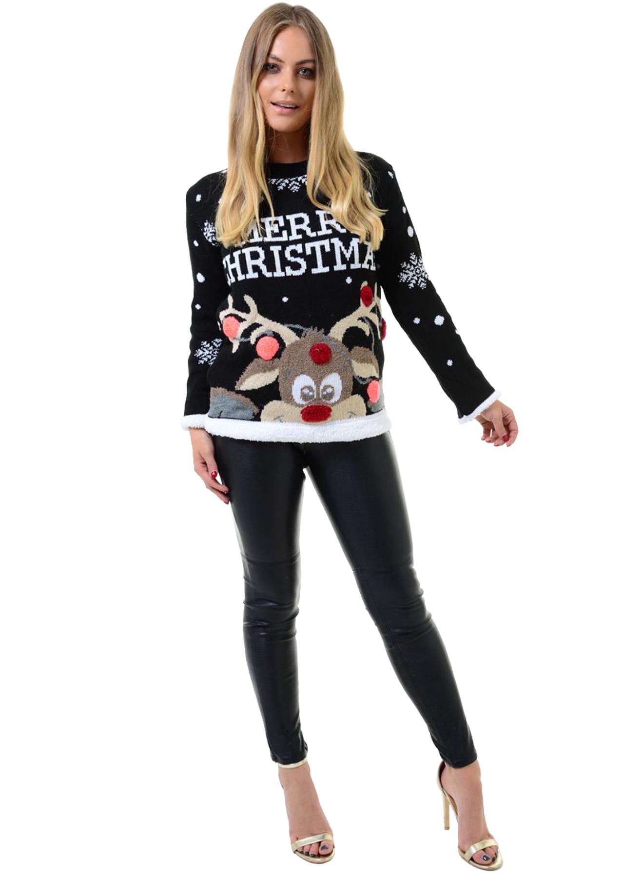 Christmas Reindeer Jumper Womens Knitted Funny Xmas Sweater Unisex Retro Jumpers - Picture 60 of 128