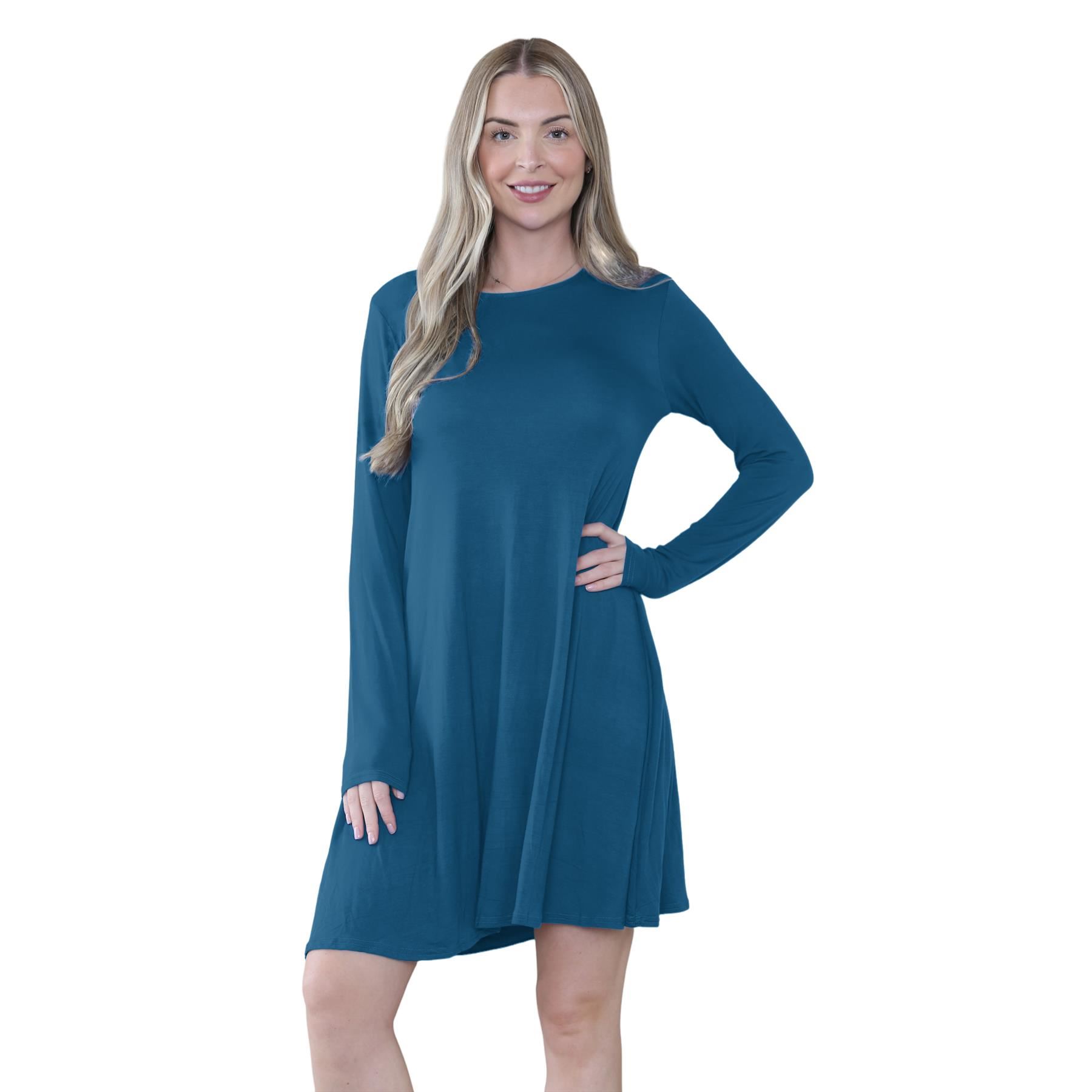 Damen Swing Kleid Uni Langarm Freizeit Ausgestellt A Linie Mini Oberteil Übergröße - Bild 81 von 100