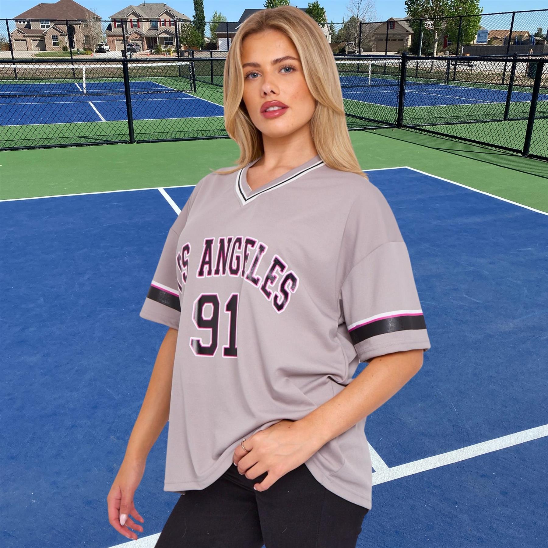 Camiseta de mujer de gran tamaño cuello en V LA 91 fútbol americano universitario holgada verano top - Imagen 21 de 50