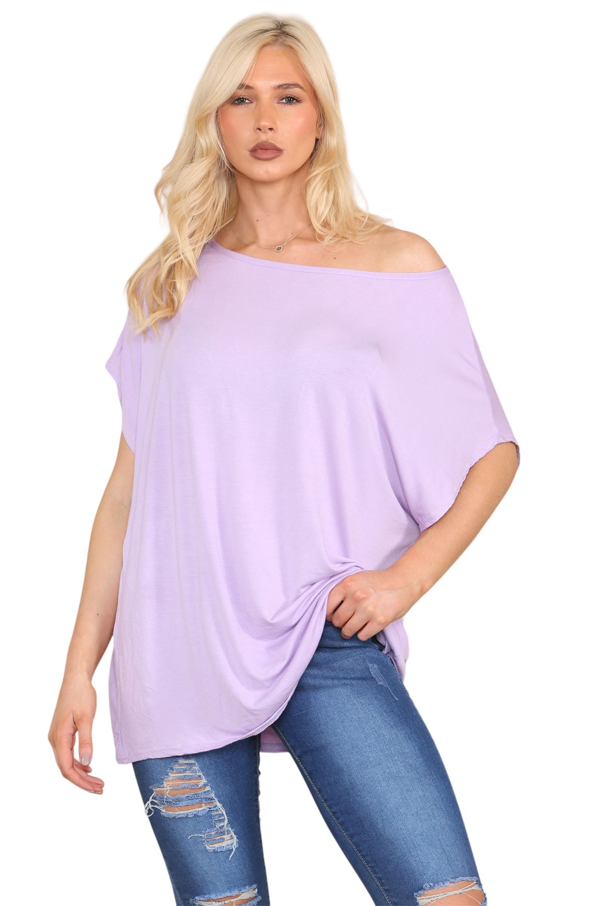 Womens Off Shoulder Top Batwing Sleeve Bardot Oversized T Shirt Plain Summer Top - Picture 76 of 225