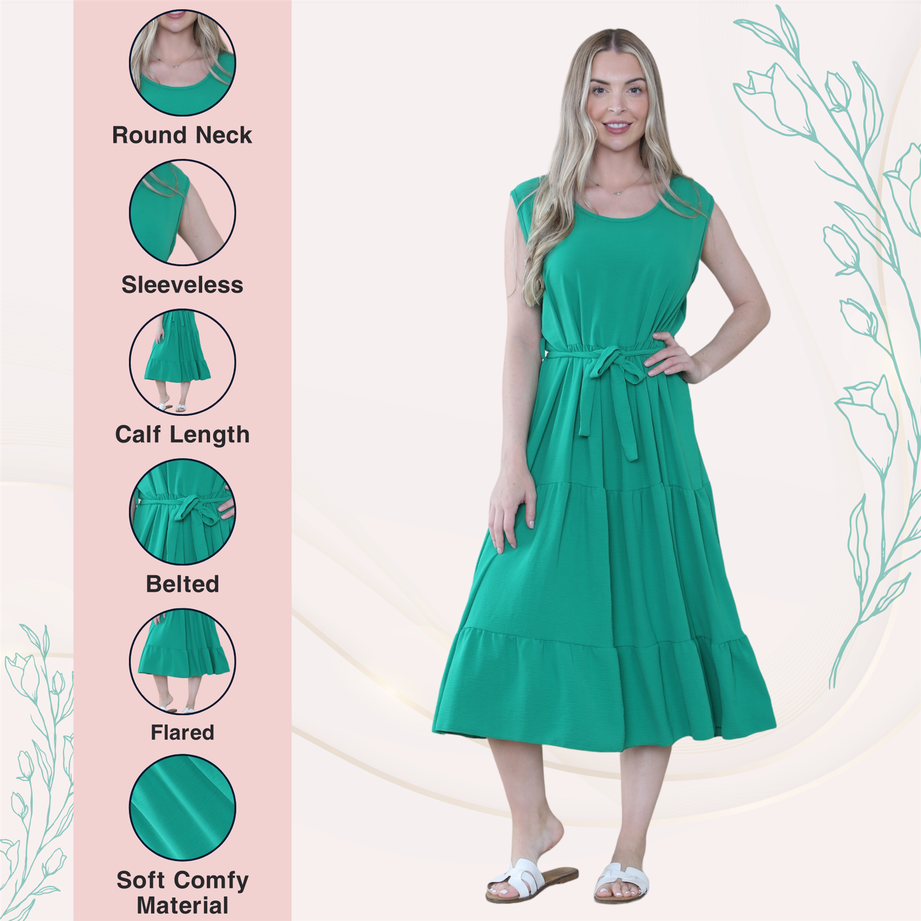 Womens Italian Smock Dress Sleeveless Belted Midi Dress Plain Frill Summer Dress - Picture 44 of 64