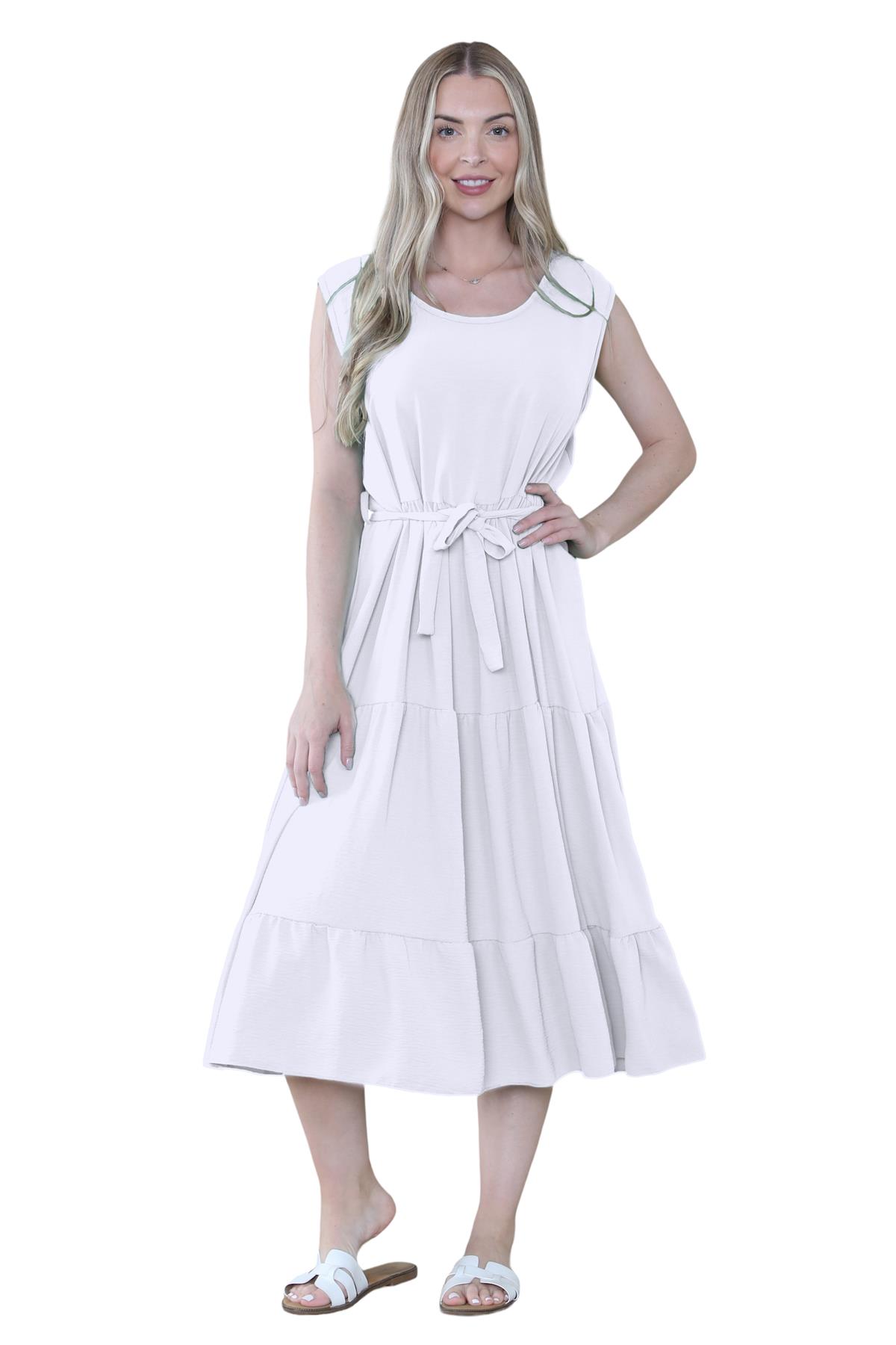 Womens Italian Smock Dress Sleeveless Belted Midi Dress Plain Frill Summer Dress - Picture 59 of 64