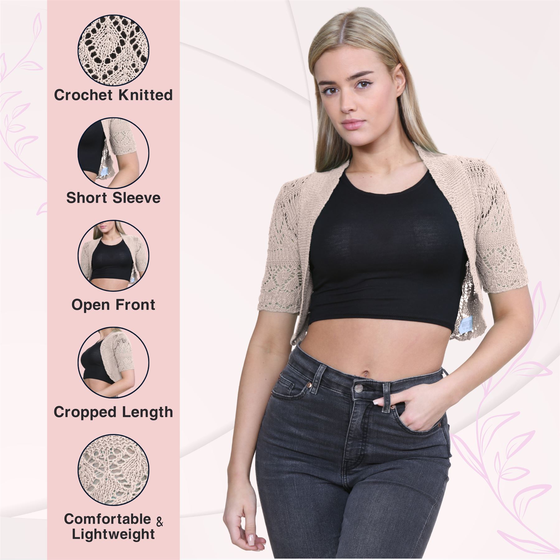 Womens Crochet Knitted Bolero Shrug Short Sleeve Open Front Cardigan Crop Top - Picture 154 of 186