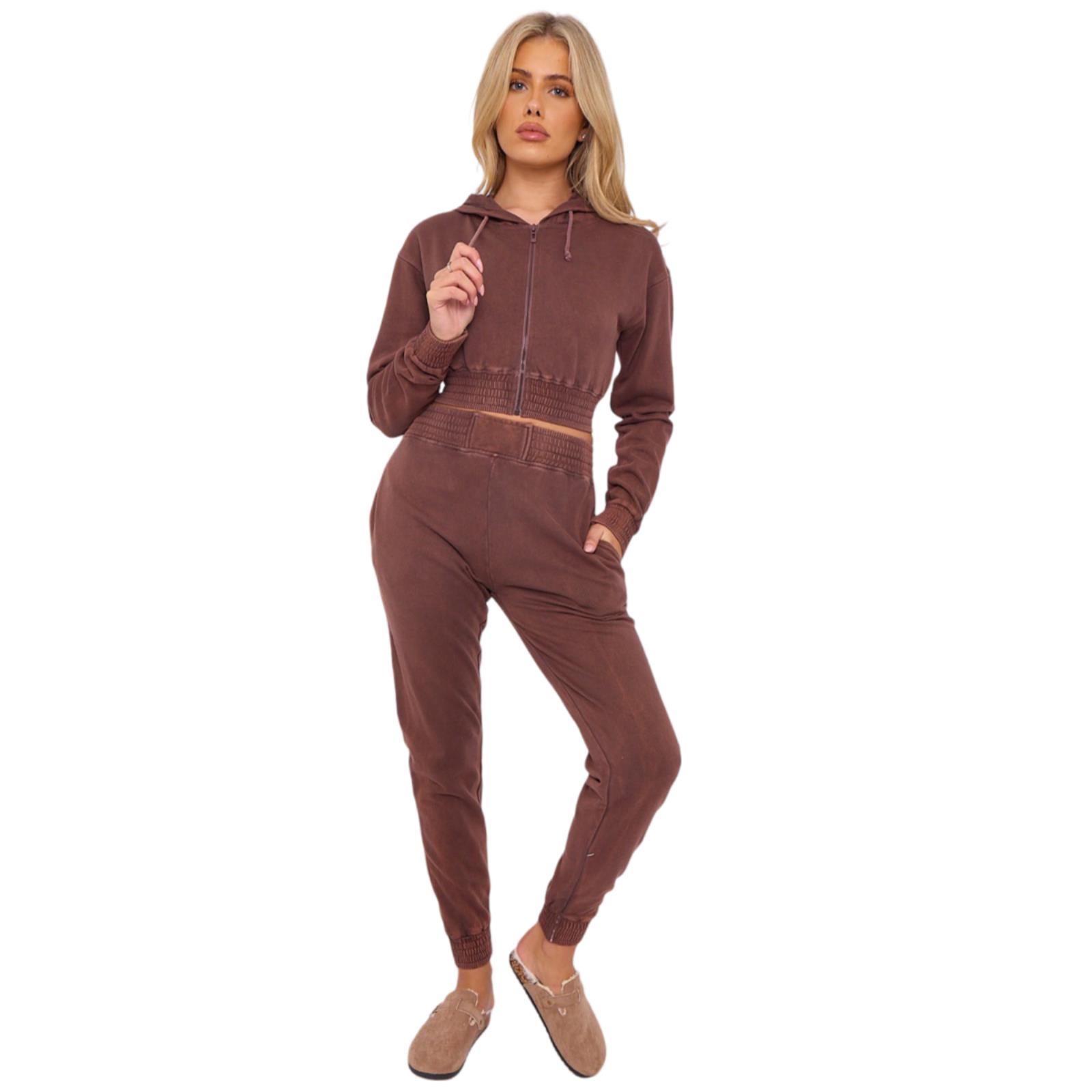 Womens Acid Wash Cropped Zip Hoodie Fleece Joggers Tracksuit 2Pcs Loungewear Set - Picture 9 of 24