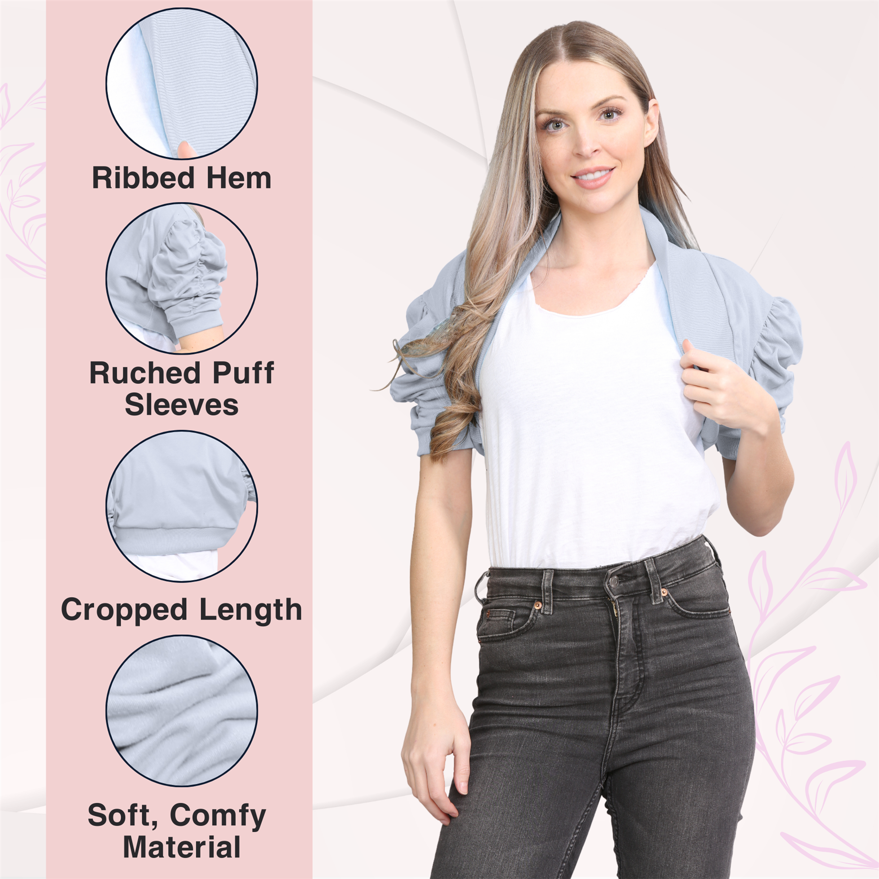 Womens Bolero Shrug Ruched Puff Sleeves Plain Open Cardigan Soft Cotton Crop Top - Picture 37 of 100