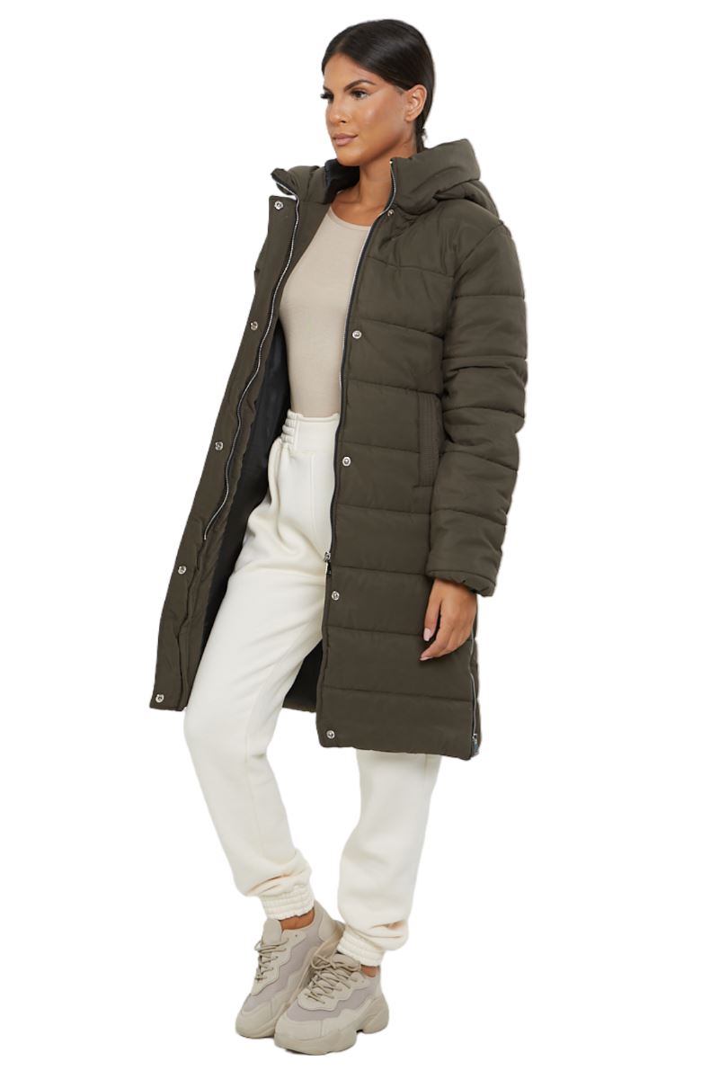 Womens Hooded Longline Coat Puffer Padded Long Sleeve Bodywarmer Winter Jacket - Picture 24 of 50