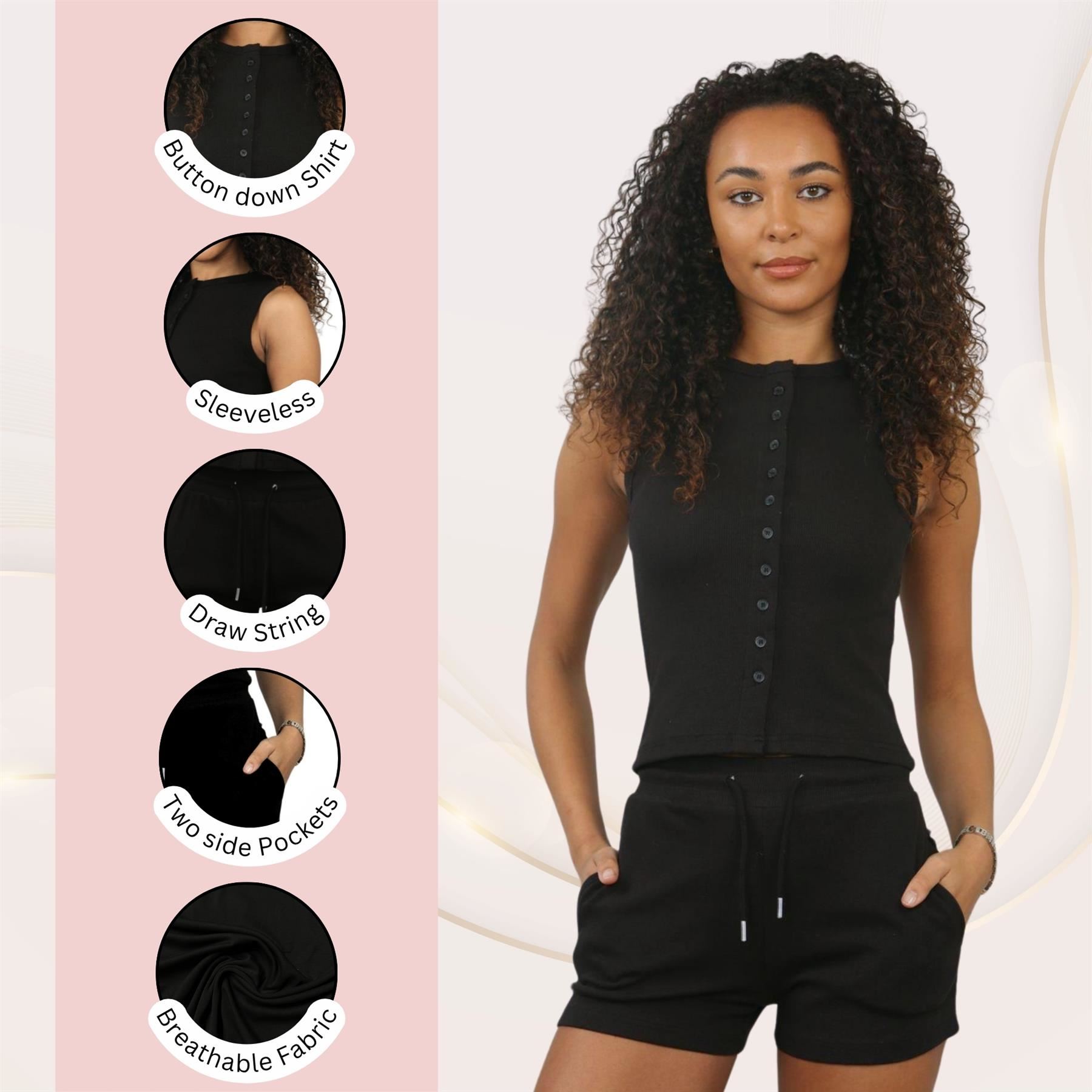 Damen Gerippt Ärmellos Knopfleiste Crop Top und Kordelzug Shorts Loungewear Set - Bild 12 von 49
