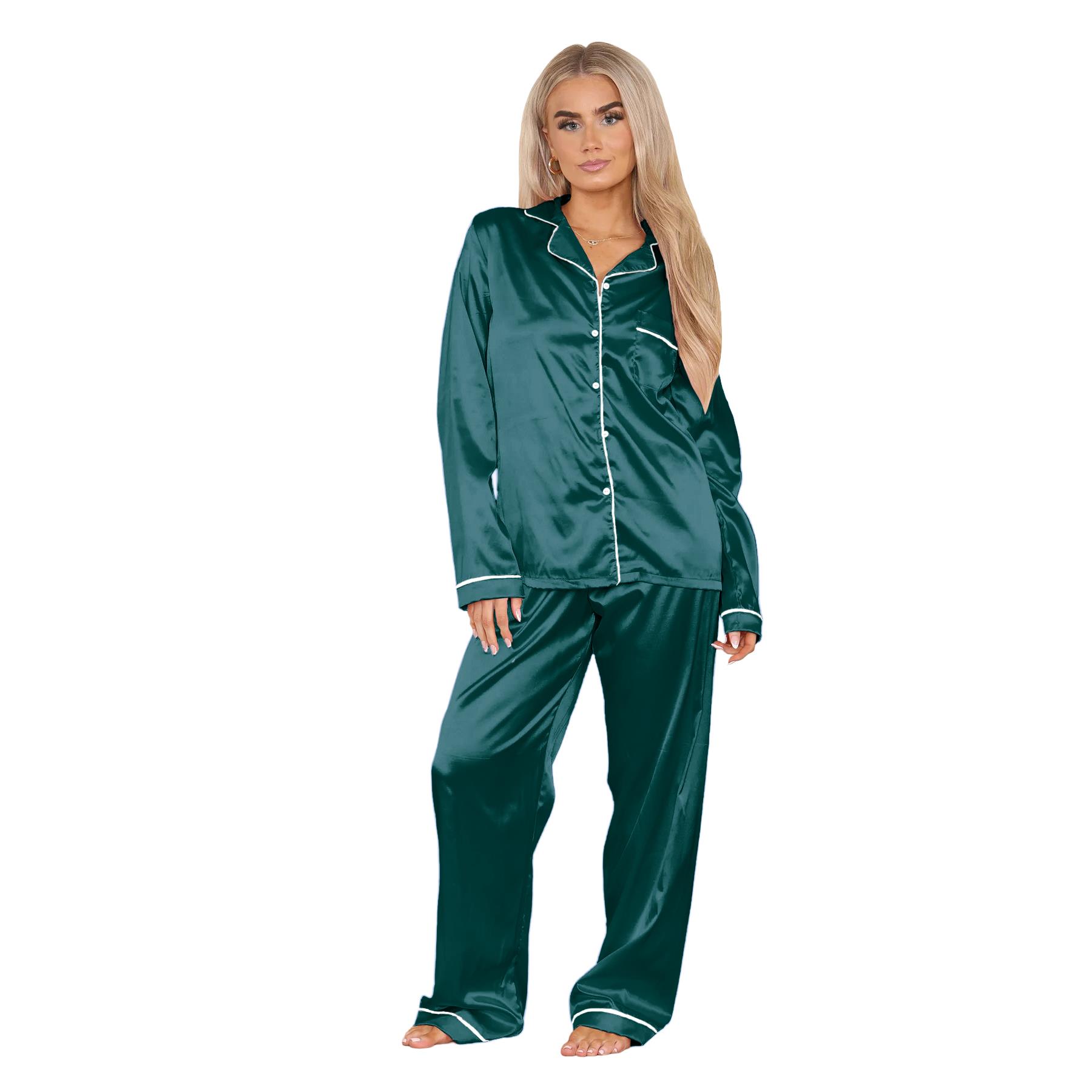 Conjunto de 2 piezas de pijama de satén de manga larga con botones camisa pantalón para damas - Imagen 14 de 43