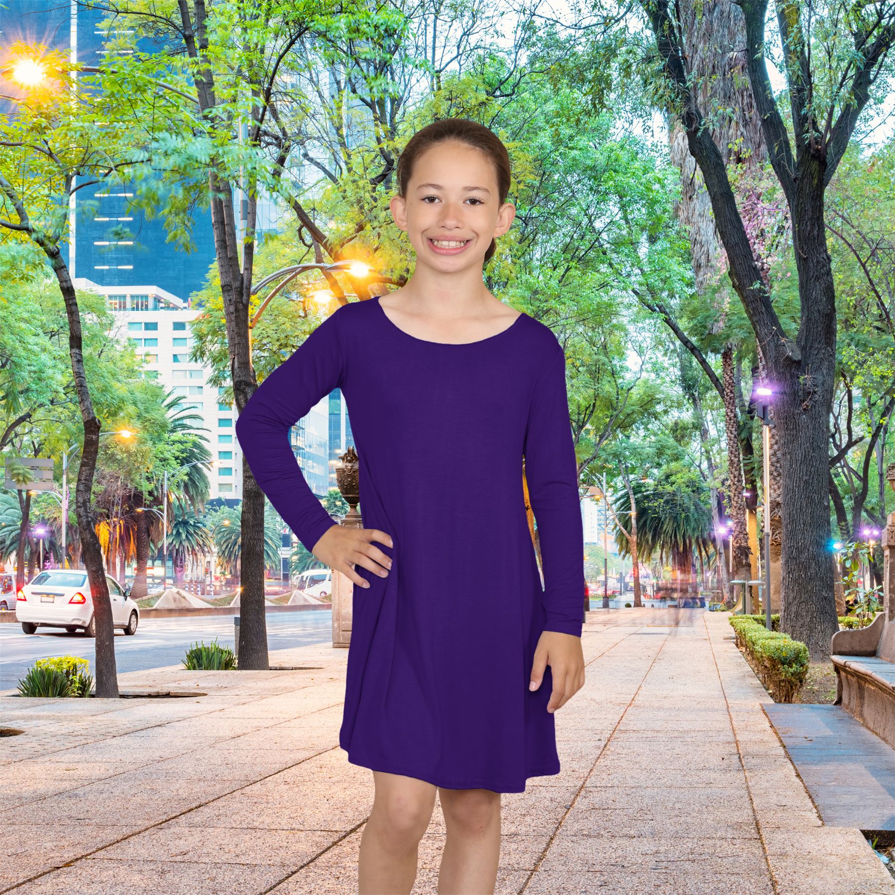 Girls Swing Dress Long Sleeve Plain Kids Round Neck Casual Summer Flared Dresses - Picture 88 of 134