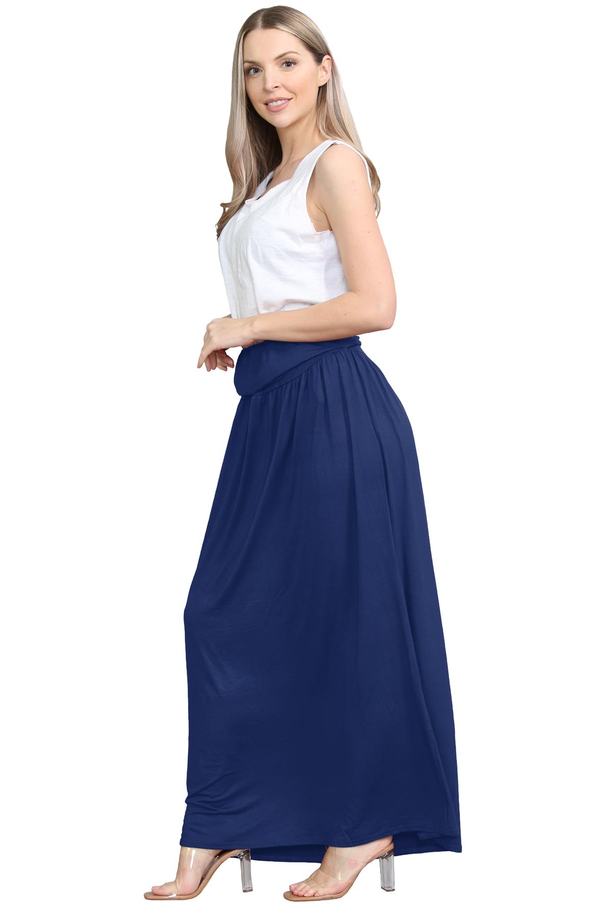 Womens Fold Over Maxi Skirt Plain Pleated Waist Jersey Summer Gypsy Long Skirt - Picture 36 of 68
