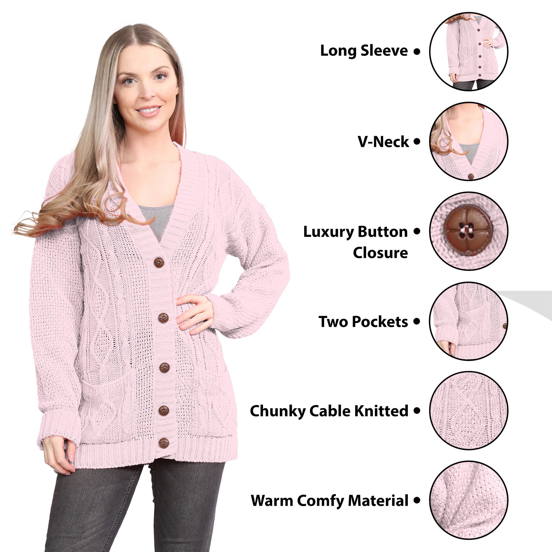 Womens Ladies Chunky Cable Knitted Button Long Sleeve Grandad Cardigan Jumper - Picture 5 of 94