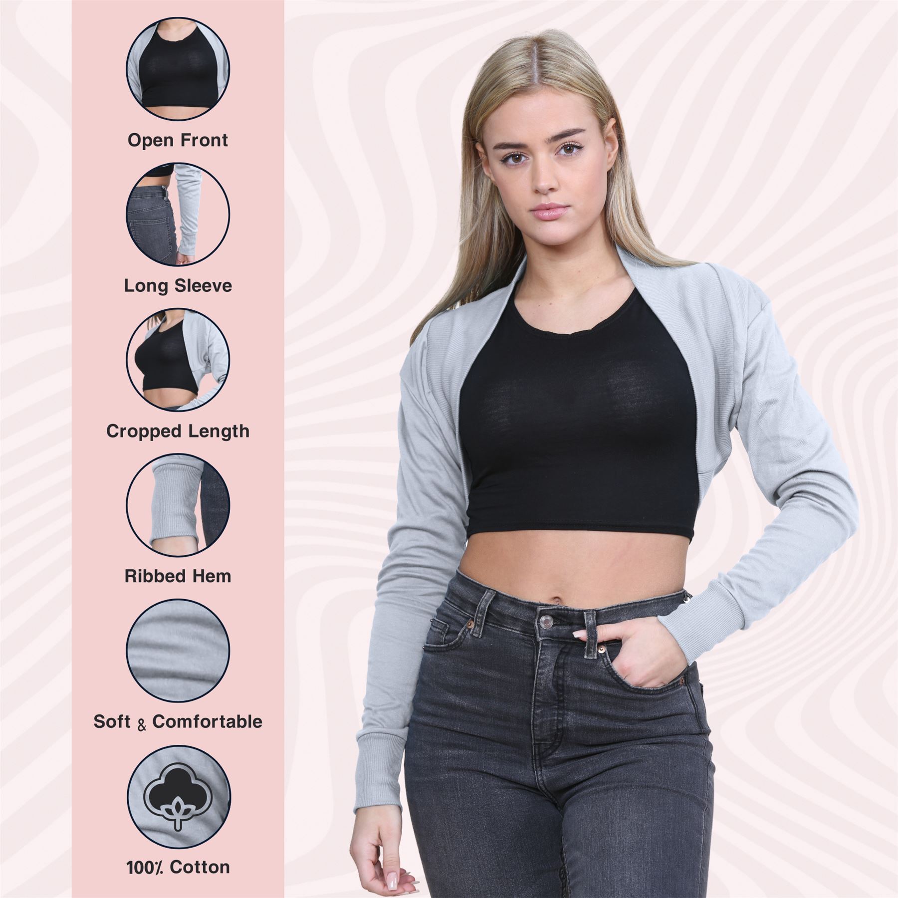 Ladies Long Sleeve Cotton Shrug Plain Open Bolero Cardigan Soft Summer Crop Top - Picture 29 of 84