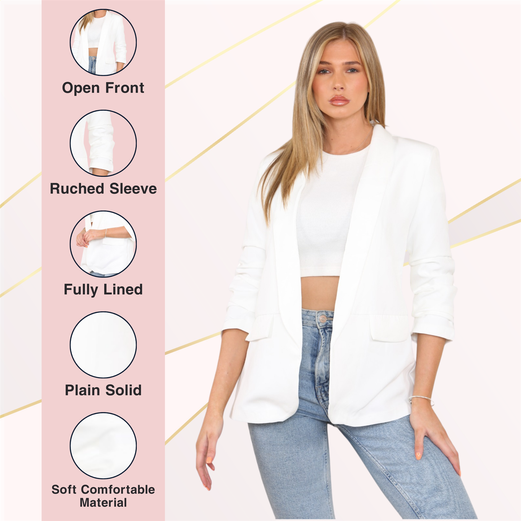 Blazer de manga acanalada para damas totalmente forrado cuello liso informal chaqueta de oficina top - Imagen 22 de 97