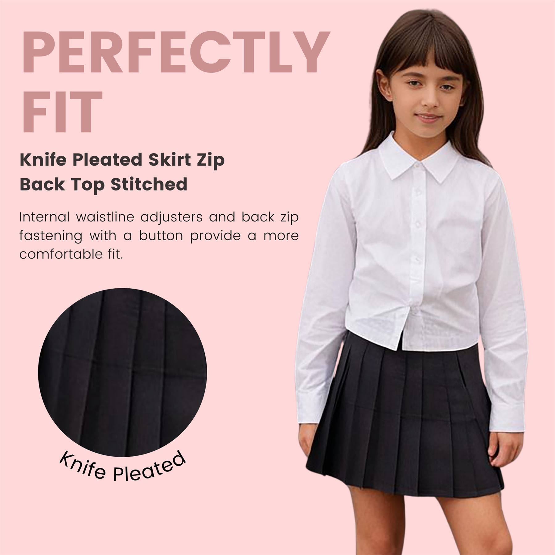 Girls Uniform Skirt Top Stitched All Round Knife Pleated School Mini Skirts - Picture 3 of 11