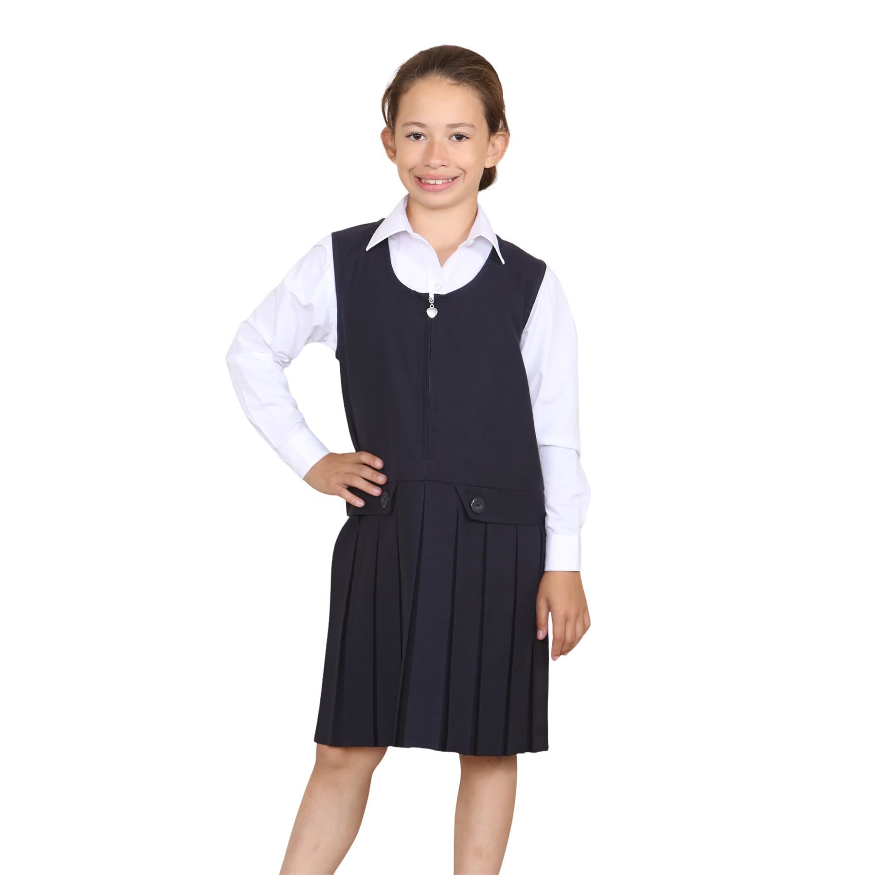 Niñas Delantal Vestido Caja Plisada Dos Botones Frontal Cremallera Uniforme Escolar Paquete de 2 - Imagen 5 de 23