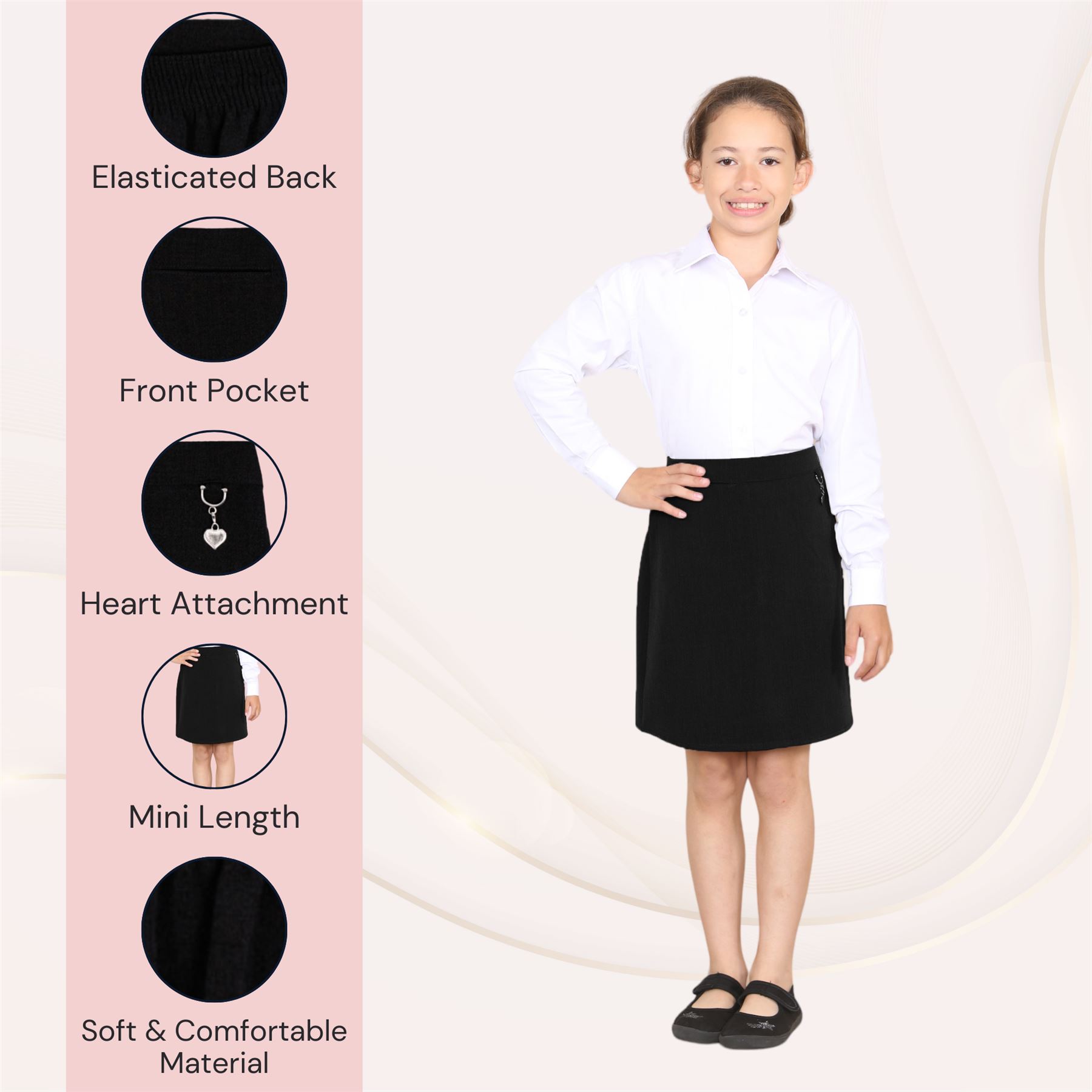 Girls Lycra School Skirt Heart Attachment Front Pocket Elasticated Back Uniform - Picture 5 of 29
