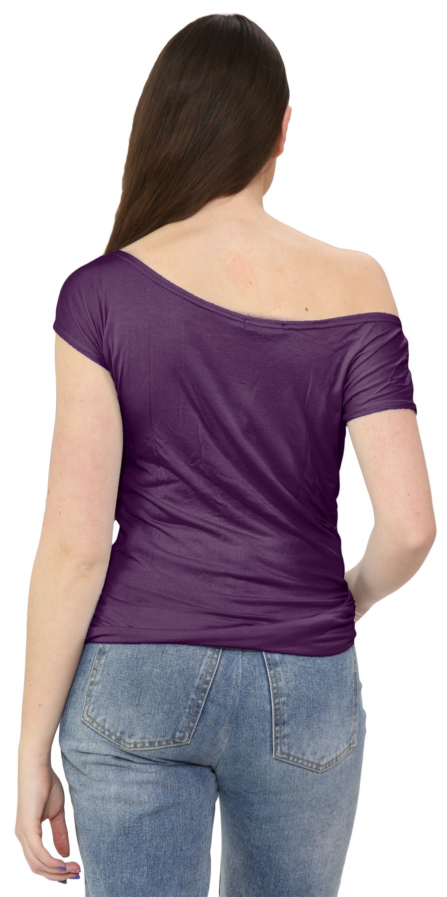 Nuevo Damas Mangas Cortas Hombro Liso Elastizado Calce Ajustado Bardot Camiseta Prenda para el torso - Imagen 33 de 58