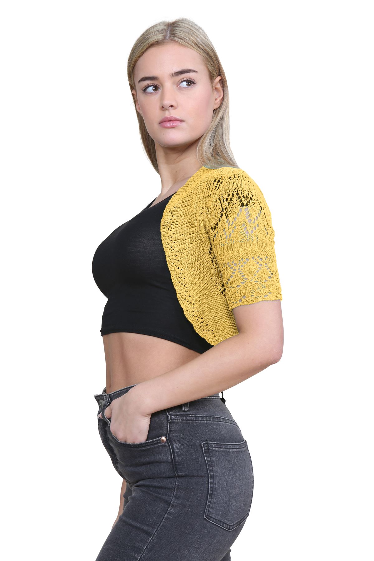 Womens Crochet Knitted Bolero Shrug Short Sleeve Open Front Cardigan Crop Top - Picture 99 of 186