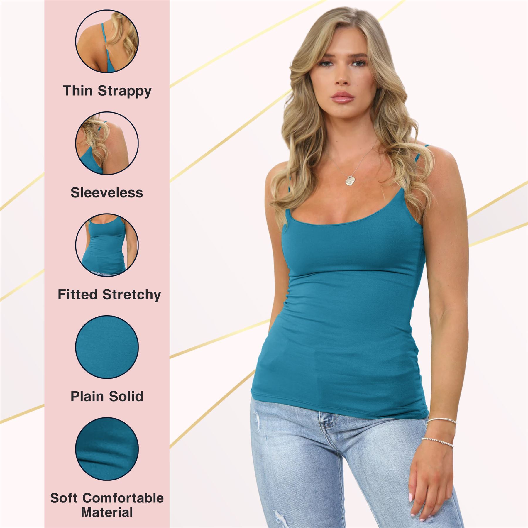 Womens Bodycon Cami Strappy Tank Top Plain Summer Activewear Vest Top, Pack of 3 - Picture 187 of 221