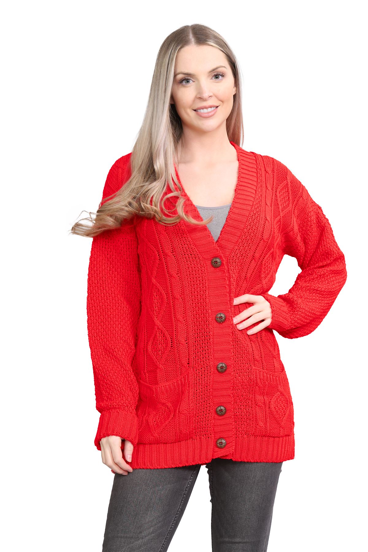 Womens Ladies Chunky Cable Knitted Button Long Sleeve Grandad Cardigan Jumper - Picture 61 of 94