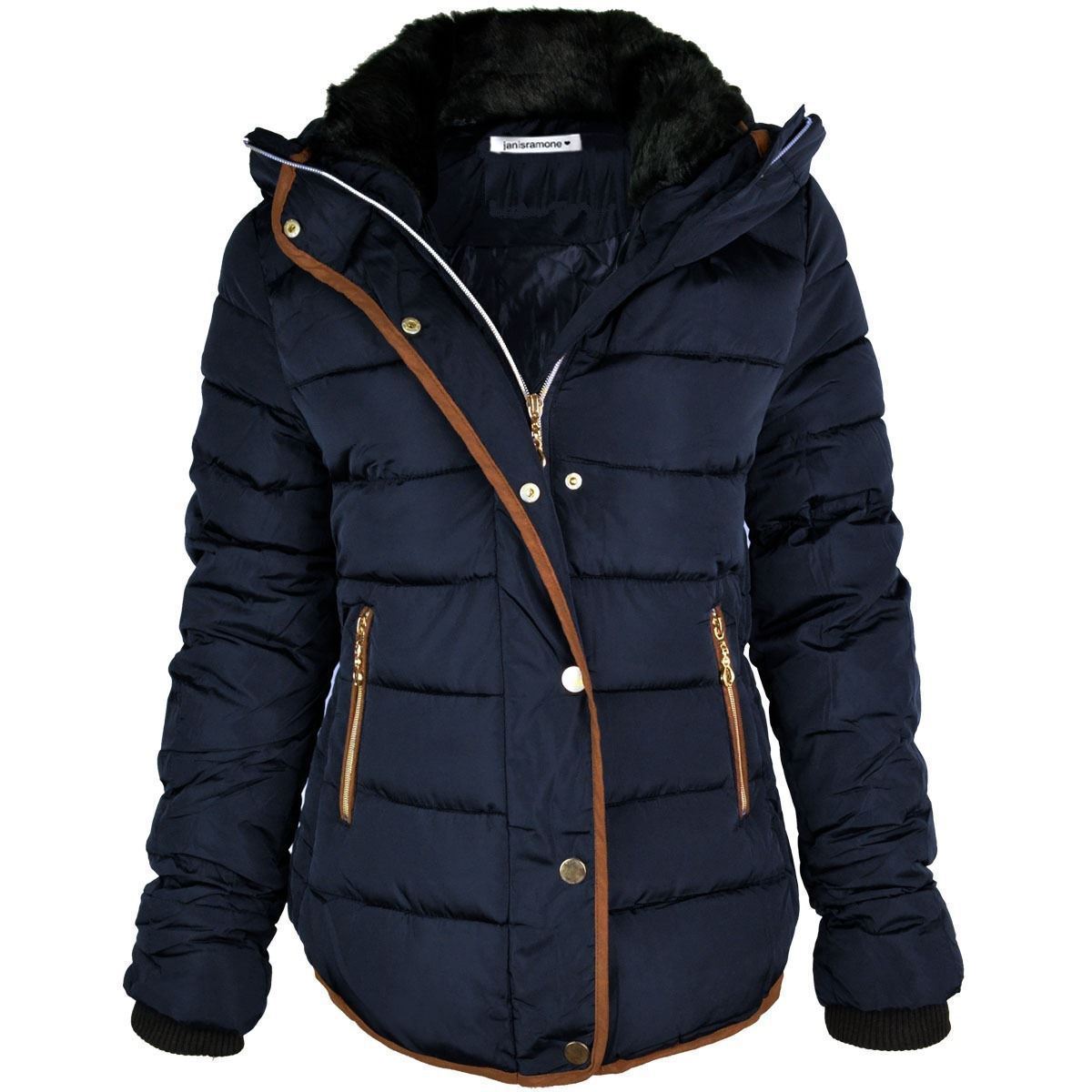 New Ladies Quilted Puffer Bubble Padded Jacket Fur Collar Gold Zipper