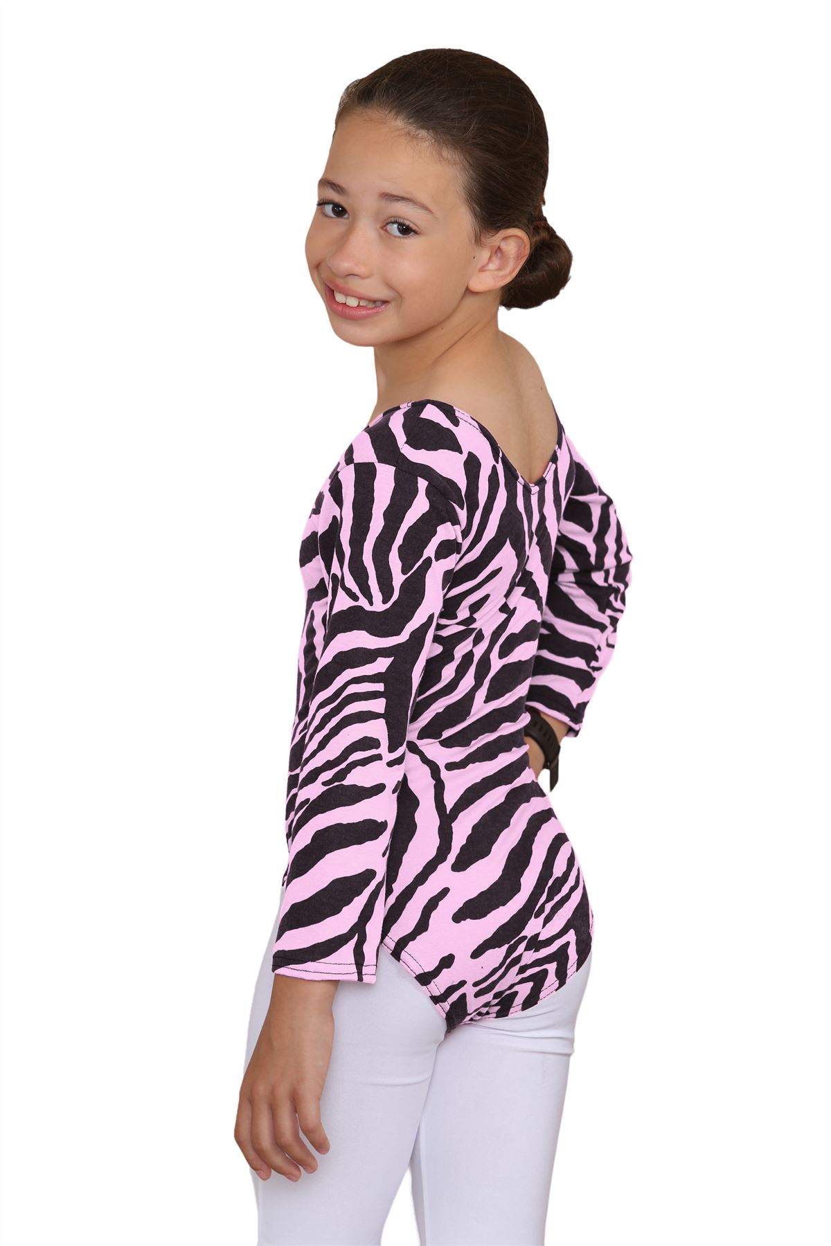 Girls Dance Leotard Zebra Print Long Sleeve Microfibre Gymnastics Kids Bodysuit - Picture 4 of 37