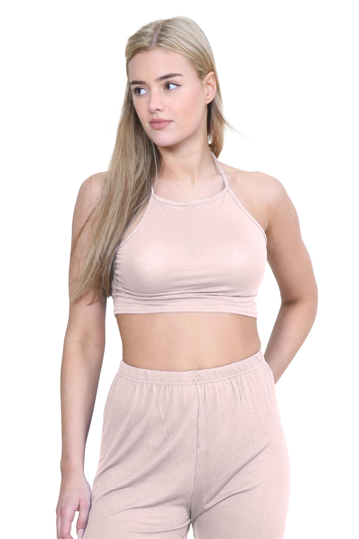 Halter Neck Crop Top Womens Vest Top Plain Tie Knot Top Basic Sleeveless T-Shirt - Picture 82 of 170