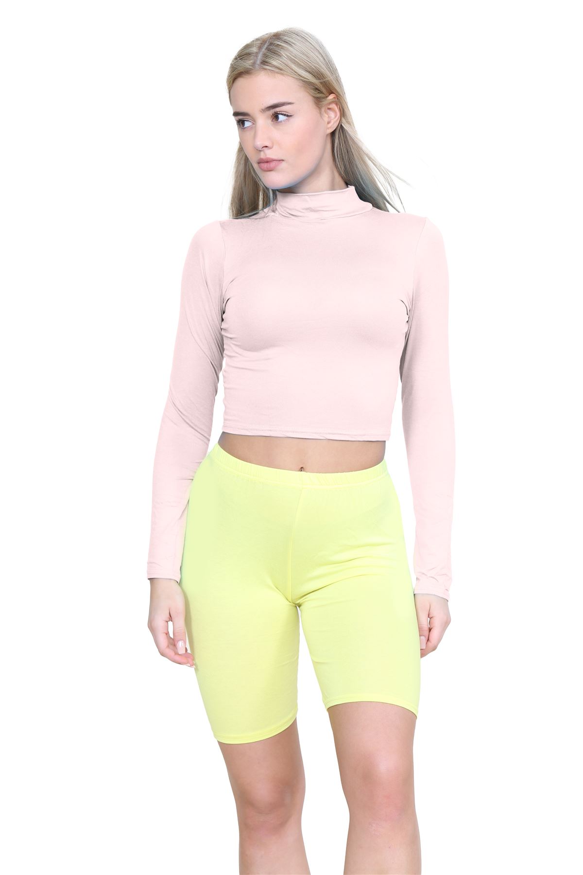 Turtle Neck Crop Top Womens Plain Long Sleeve Stretchy Basic Polo Neck T-Shirt - Picture 64 of 129