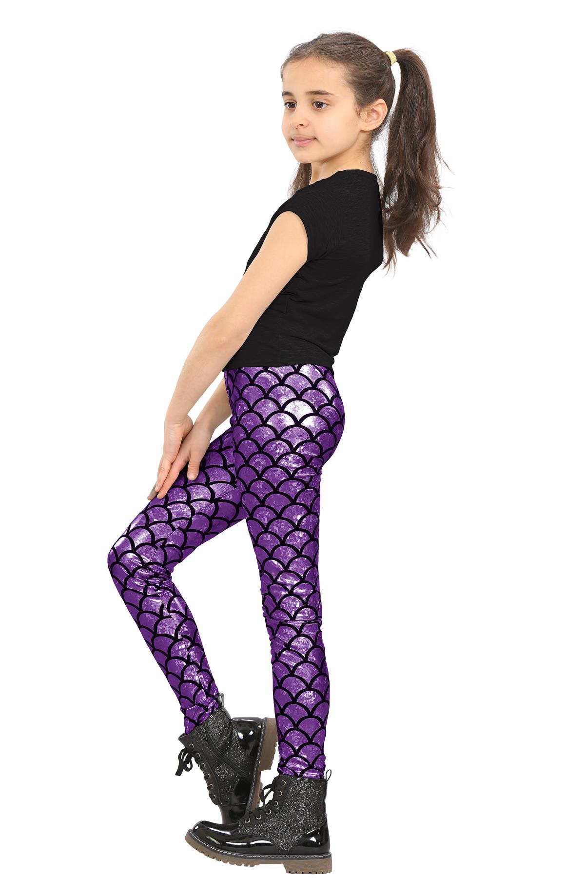Girls Mermaid Leggings Kids Fish Scale Disco Skinny Shiny Metallic Trouser Pants - Picture 27 of 57