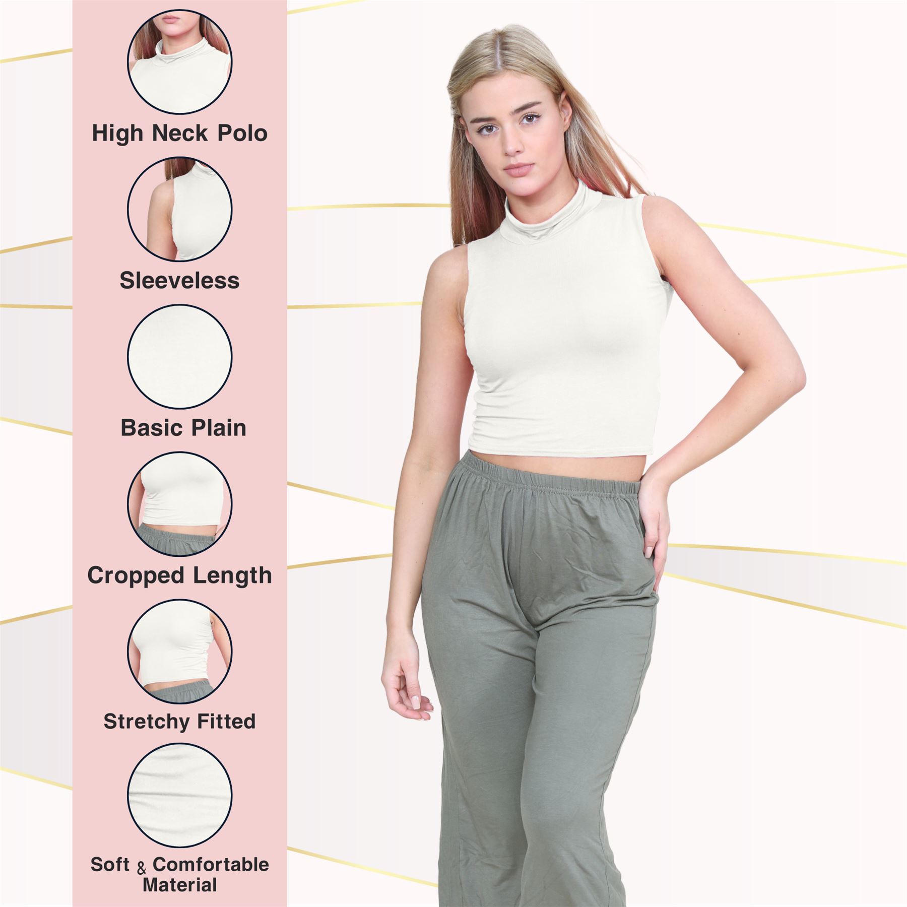 Womens Sleeveless Crop Top Ladies High Turtle Neck Plain Stretchy T-Shirt Vest - Picture 49 of 165