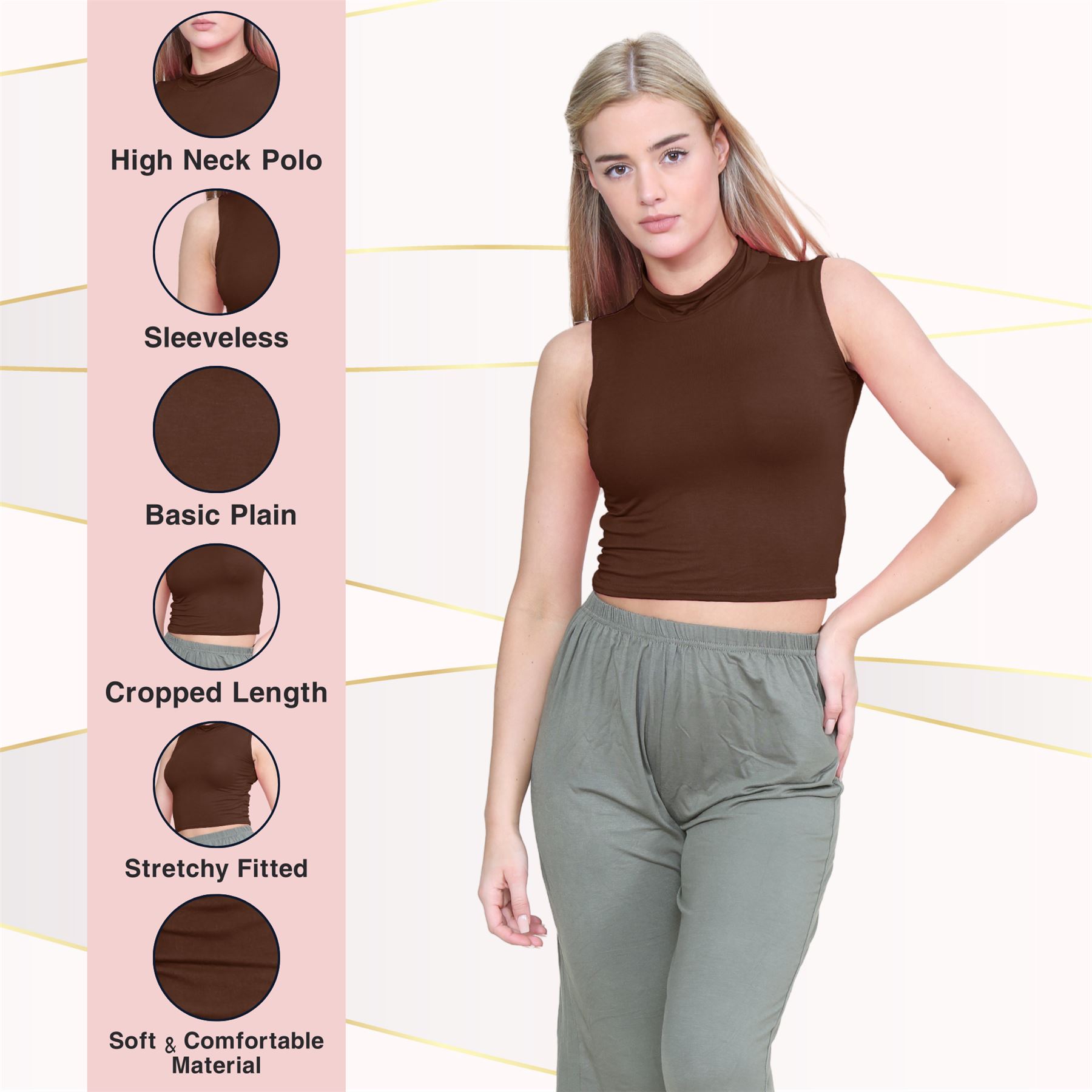Womens Sleeveless Crop Top Ladies High Turtle Neck Plain Stretchy T-Shirt Vest - Picture 22 of 165